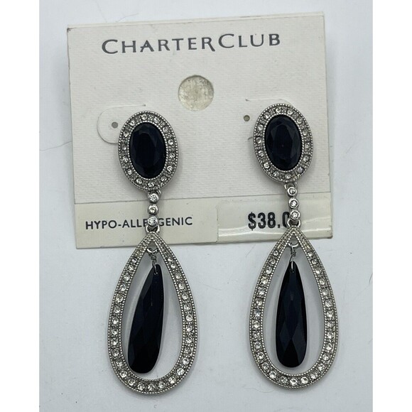 Charter Club Silver & Black Teardrop Evening Dangle Earrings New - Picture 1 of 6